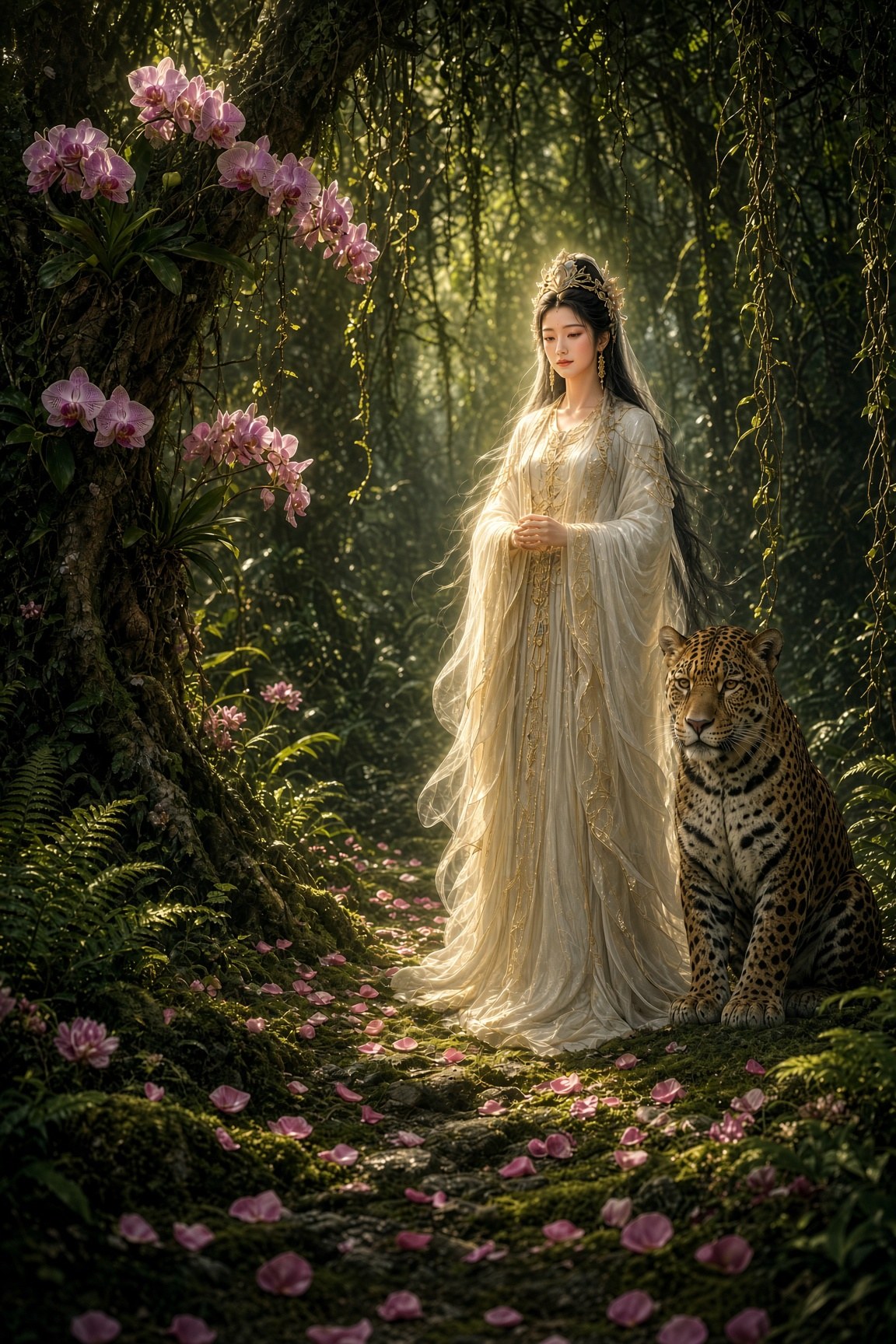 Ethereal Quan Yin on a jungle path, a gentle jaguar beside her, rose petals and wild orchids