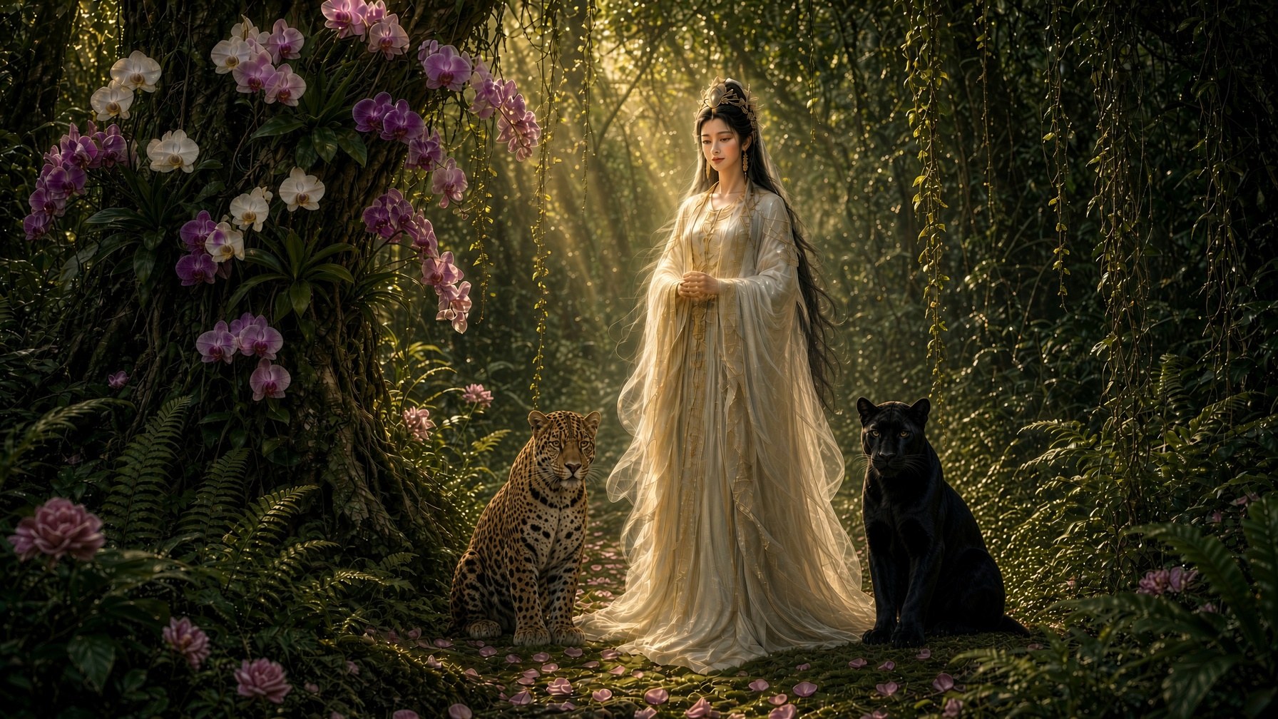 Ethereal Quan Yin on a jungle path, jaguar at her left, a gentle black panther at her right, orchids in the vines