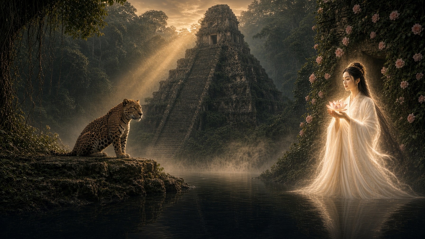 A jaguar sitting before the temple; Quan Yin in the shadow with a lotus and climbing roses