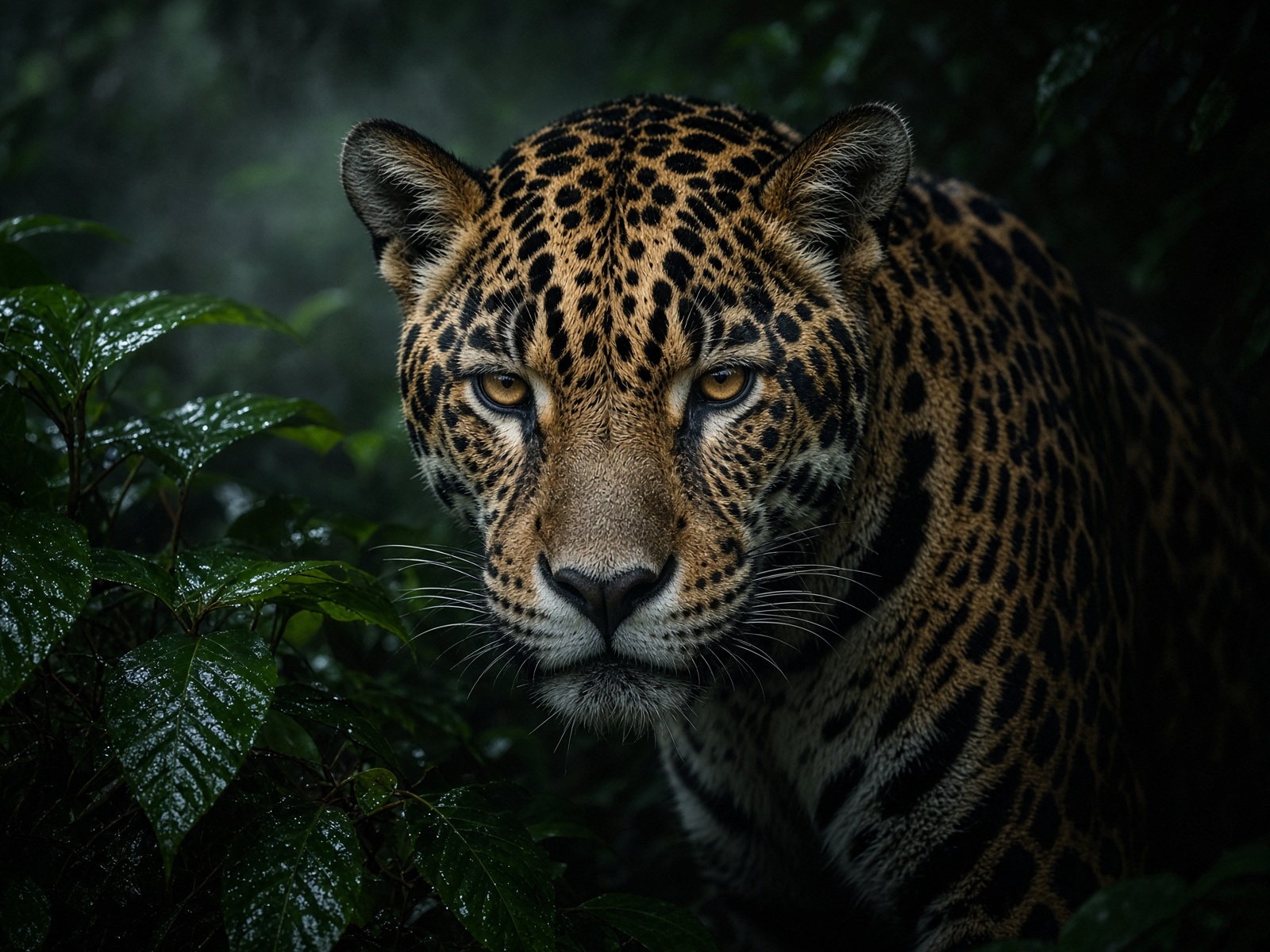 A jaguar’s face in warm jungle light