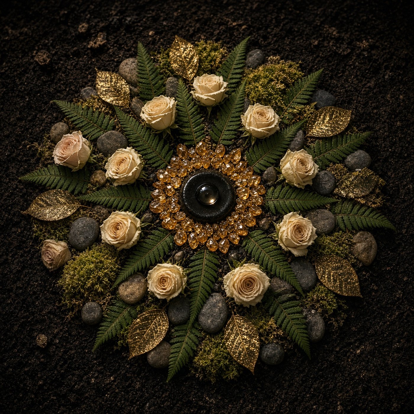 A botanical mandala of fern, rose, stone, and still water